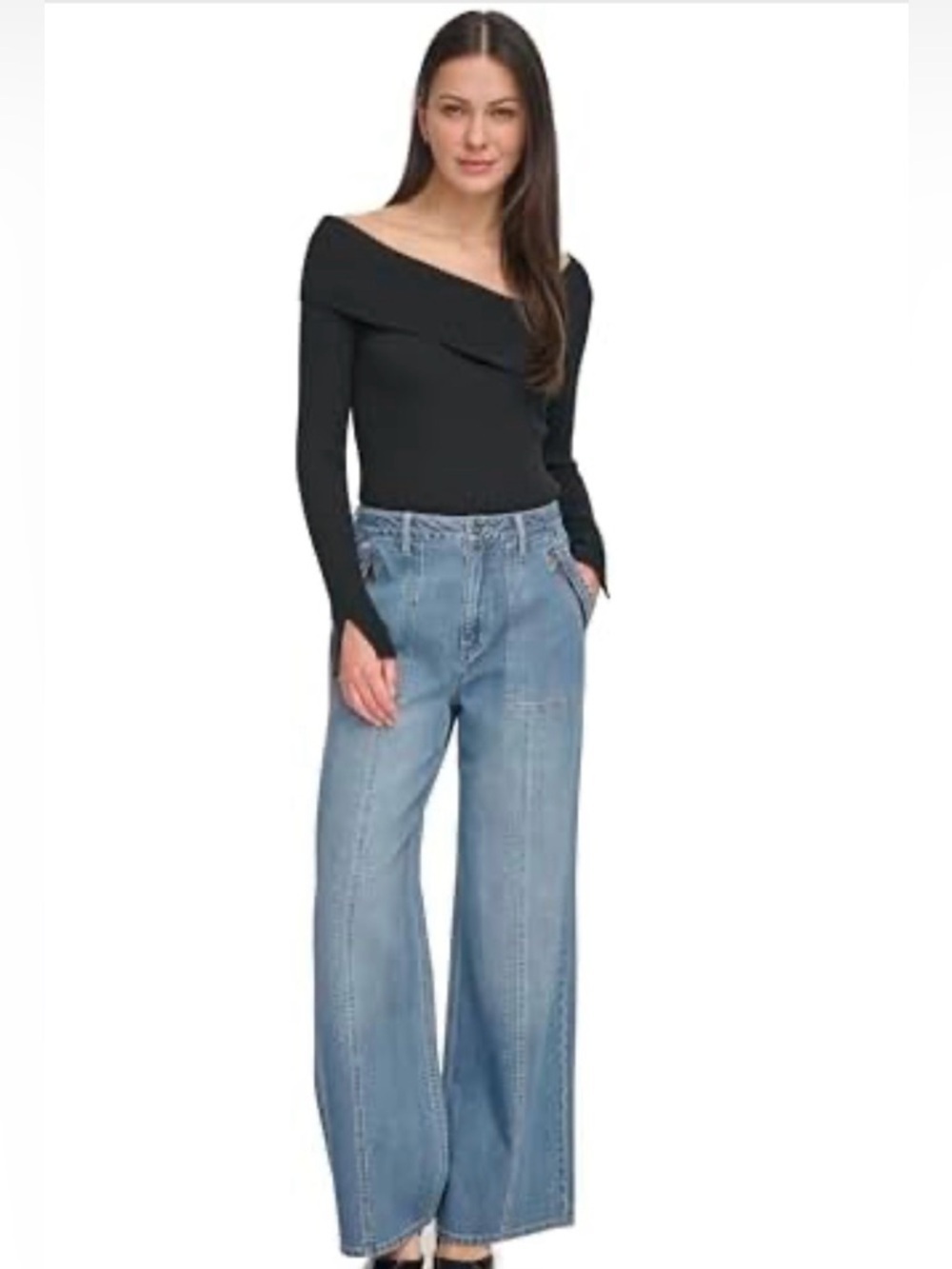 DKNY Women's Wide Leg Zip Pocket Jeans